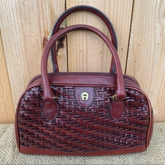 Etienne Aigner Handbags - Cute Etienne Aigner Basket Weave Vintage Purse Handbag Burgundy Leather Satchel